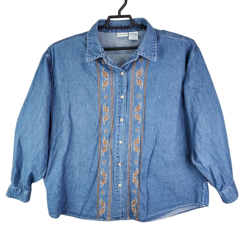 Women's Cabin Creek Embroidered Blue Denim Shirt Button-Down Long Sleeve 2X